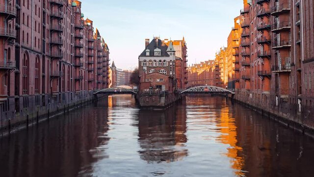Day Hyper Lapse of Sunrise in Harbor District, Hamburg, Germany