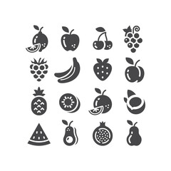 Fruits black vector icon set. Apple, lemon, banana, fruit symbols.