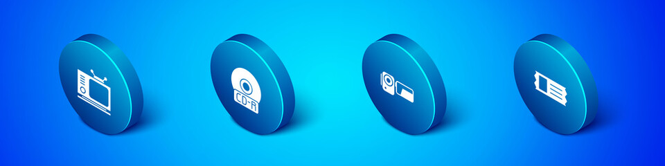 Set Isometric Retro tv, Cinema camera, ticket and CD or DVD disk icon. Vector