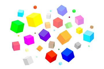 Multi-colored isometric squares of different sizes and shapes on a white background.