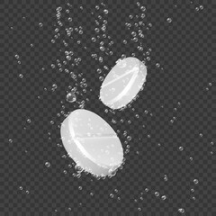 Couple dissolving medicine pills. Effervescent soluble tablet pills. Tablets dissolve in water leaving a bubble trail. Vector