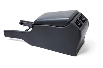 Plastic element of car interior is covered in black leather - armrest or a glove compartment -...