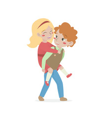 the boy carries the girl on his back 