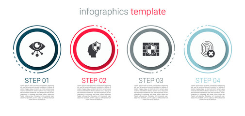 Set Eye scan, Head with shield, Shield brick wall and Cancelled fingerprint. Business infographic template. Vector