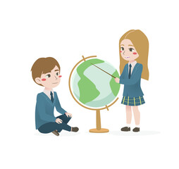 girl helping boy with geography 