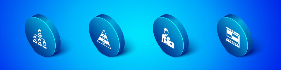 Set Isometric Hierarchy organogram chart, Businessman, Chat messages on laptop and Pyramid infographics icon. Vector