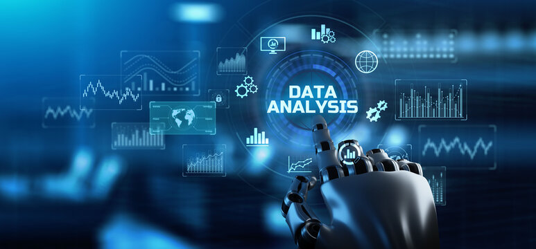 Data Analysis analytics Financial technology business concept. Robotic arm 3d rendering