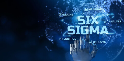 Six Sigma DMAIC Lean manufacturing Business technology concept. Robotic arm 3d rendering