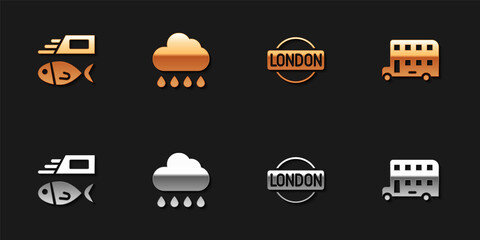 Set Fish and chips, Cloud with rain, London sign and Double decker bus icon. Vector