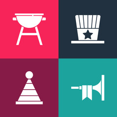 Set pop art Trumpet, Party hat, Patriotic American top and Barbecue grill icon. Vector