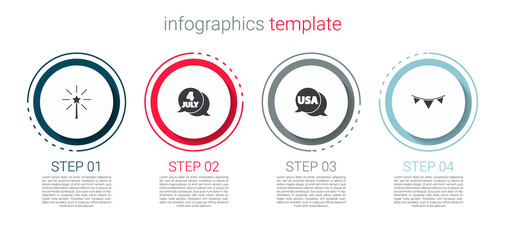 Set Firework, USA Independence day, label and Carnival garland with flags. Business infographic template. Vector