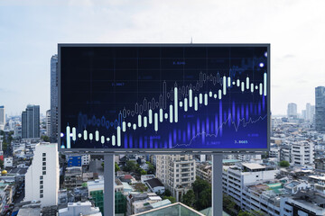 Forex and stock market chart hologram on road billboard over panorama city view of Bangkok. The financial center in Southeast Asia. The concept of international trading.