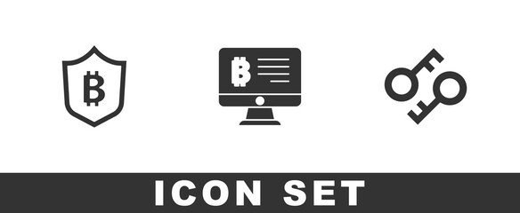 Set Shield with bitcoin, Mining from monitor and Cryptocurrency key icon. Vector
