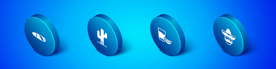 Set Isometric Cigar, Tequila glass with lemon, Mexican man sombrero and Cactus icon. Vector