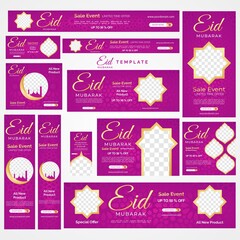 Fototapeta na wymiar Social media banners set for EID MUBARAK. Social media ads, header or banner set of Eid Mubarak Sale, Eid Mubarak celebration.
