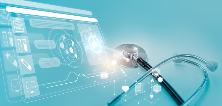 Doctor stethoscope with technological digital virtual interface icons