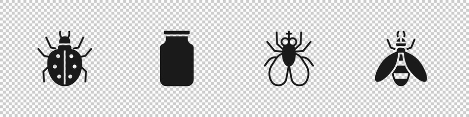 Set Mite, Glass jar, Insect fly and Bee icon. Vector