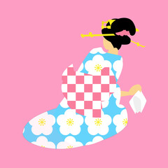 ポップでカラフルな浮世絵 白梅の花模様の水色着物にピンクの幾何学模様の帯を着た芸者の後ろ姿のイラスト
Modern blue kimono geisha