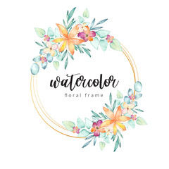 Watercolor floral frame with gold border