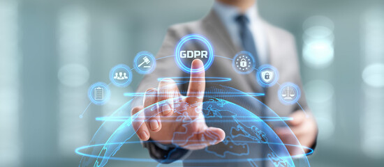 GDPR General data protection regulation european information privacy law. Businessman pressing...