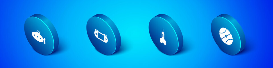 Set Isometric Submarine toy, Dart arrow, Basketball ball and Portable video game console icon. Vector