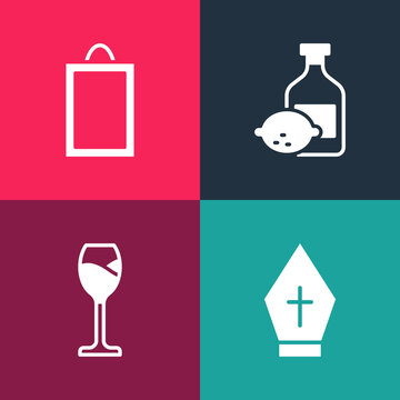 Set pop art Pope hat, Wine glass, Limoncello bottle and Picture icon. Vector