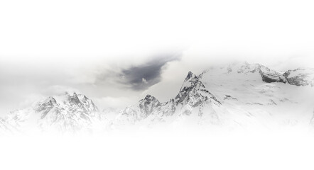 Black and white panorama of gray high mountain peaks with ice