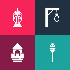 Set pop art Torch flame, Castle tower, Gallows and Medieval iron helmet icon. Vector