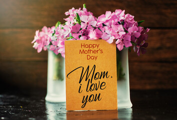 craft flowers composition and wishing text card happy mother's day. Romantic date, invitation, sweet wish concept	
