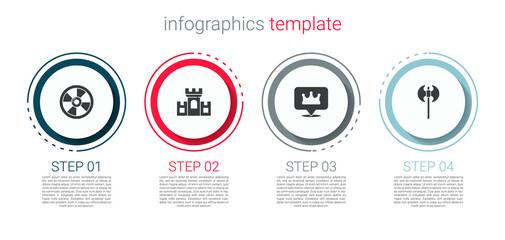 Set Round wooden shield, Castle, fortress, Location king crown and Medieval axe. Business infographic template. Vector
