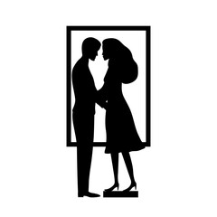 Lovers stand embracing near the window. Vector illustration. An abstraction. The illustration is made in black and white. It can be used to illustrate various magazines, booklets, screensavers, postca