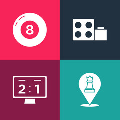 Set pop art Chess, Sport mechanical scoreboard, Toy building block bricks and Billiard pool snooker ball icon. Vector