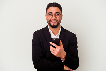 Young mixed race business man holding a mobile phone man isolated on white background