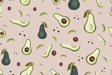 seamless pattern with avocado, whole vegetable, half and with a bone, bright, juicy, tasty design, stylized vector food graphics