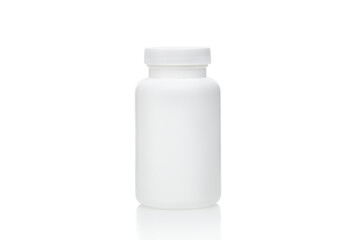 White blank plastic bottle with closed lid isolated on white background. Plastic bottle for pills or vitamines. Blank mockup bottle with copy space.