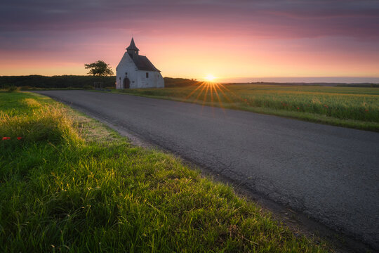 La chapel of Try au Chene at sunrise. Bousval, Belgium