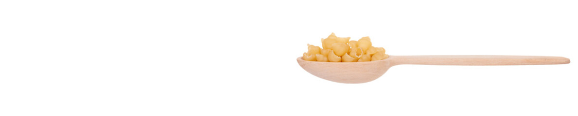 Fresh and raw pasta in wooden spoon. Isolated on white background.