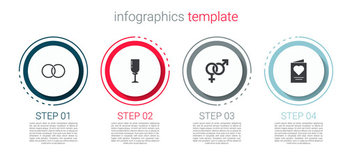 Set Wedding rings, Glass of champagne, Gender and Greeting card. Business infographic template. Vector