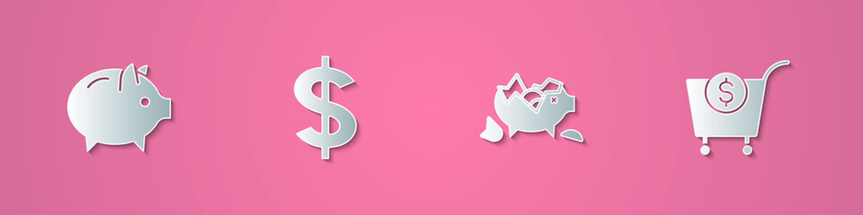 Set paper cut Piggy bank, Dollar symbol, Broken piggy and Shopping cart and dollar icon. Paper art style. Vector