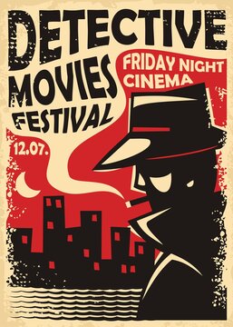 Detective movies film festival retro poster template with secret agent silhouette and city skyline. Vintage sign for cinema event. Spy, crime, mystery and thriller movies vector illustration.