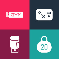 Set pop art Kettlebell, Boxing glove, Fitness club, gym card and Location icon. Vector