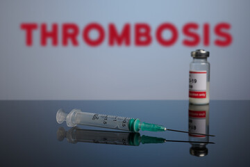 Covid vaccine can cause thrombosis. Covid-19 vaccination with syringe and inoculation vial. Vaccination medical health risk and side effects. Coronavirus vaccines can result danger thrombus. Some