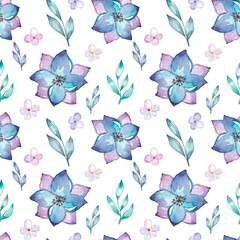 Watercolor seamless pattern with flowers and leaves