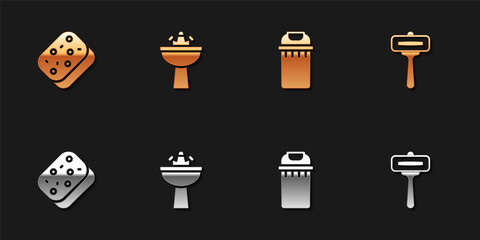 Set Sponge, Washbasin with water tap, Trash can and Shaving razor icon. Vector