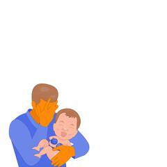 Strainer Father wearing blue long sleeve shirt on take care your cute baby by holding on left hand and right hand hold the forehead.Vector isolate flat design concept for Father’s Day or family day 