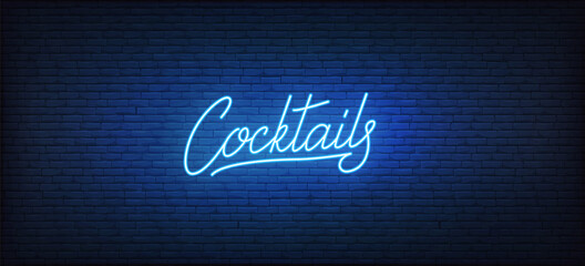 Cocktails neon sign. Glowing neon lettering Cocktail template