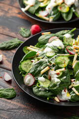 Fresh cucumber radish apple salad with spinach, dill and yogurt dressing. Healthy food