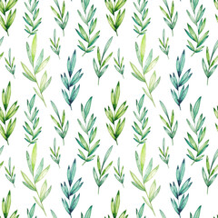 Watercolor green leaves seamless pattern