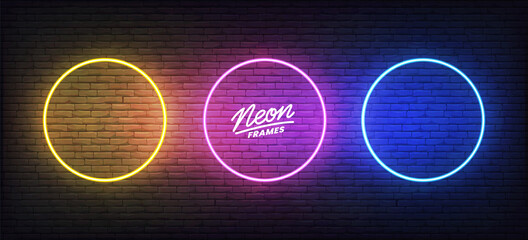 Frames neon set. Set of colorful glowing circle border templates