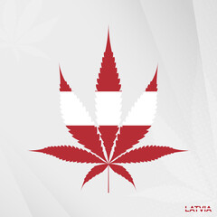 Flag of Latvia in Marijuana leaf shape. The concept of legalization Cannabis in Latvia.